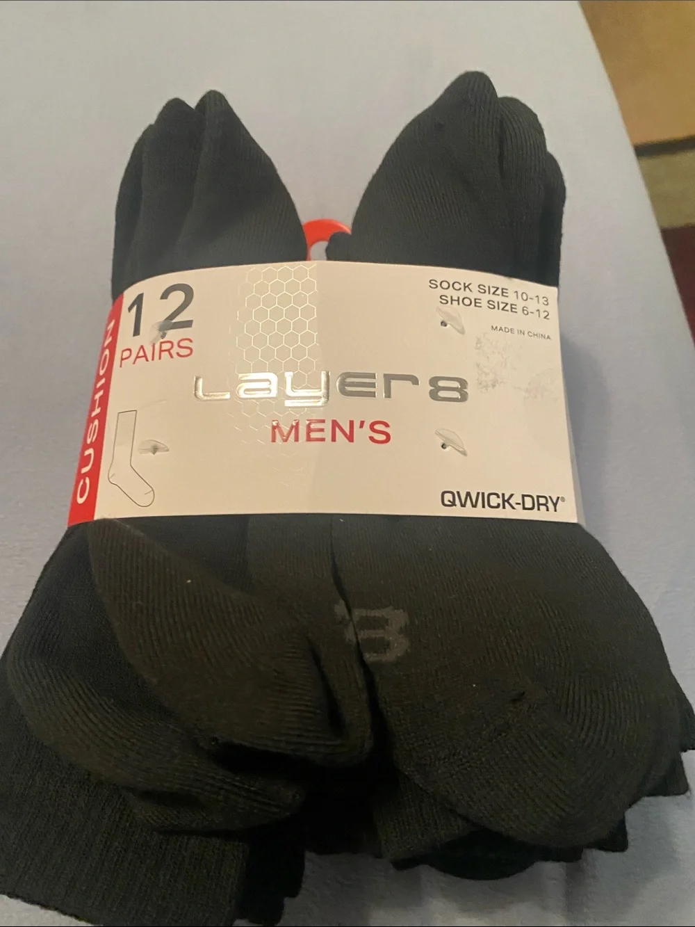 Layer 8 Men's Black Cushioned Qwick-Dry Socks - Pack